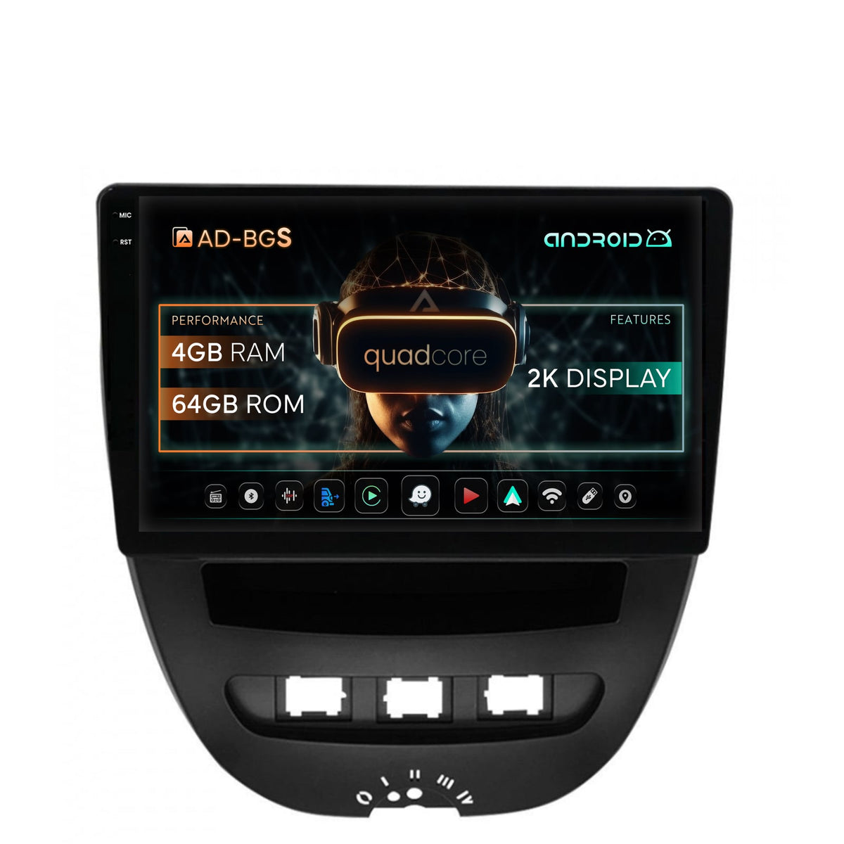Navigatie 2K Toyota AYGO / Citroen C1 (2005-2014), Android, S-Quadcore / 4GB RAM + 64GB ROM, 10.36 Inch - AD-BGS90042K+AD-BGRKIT099