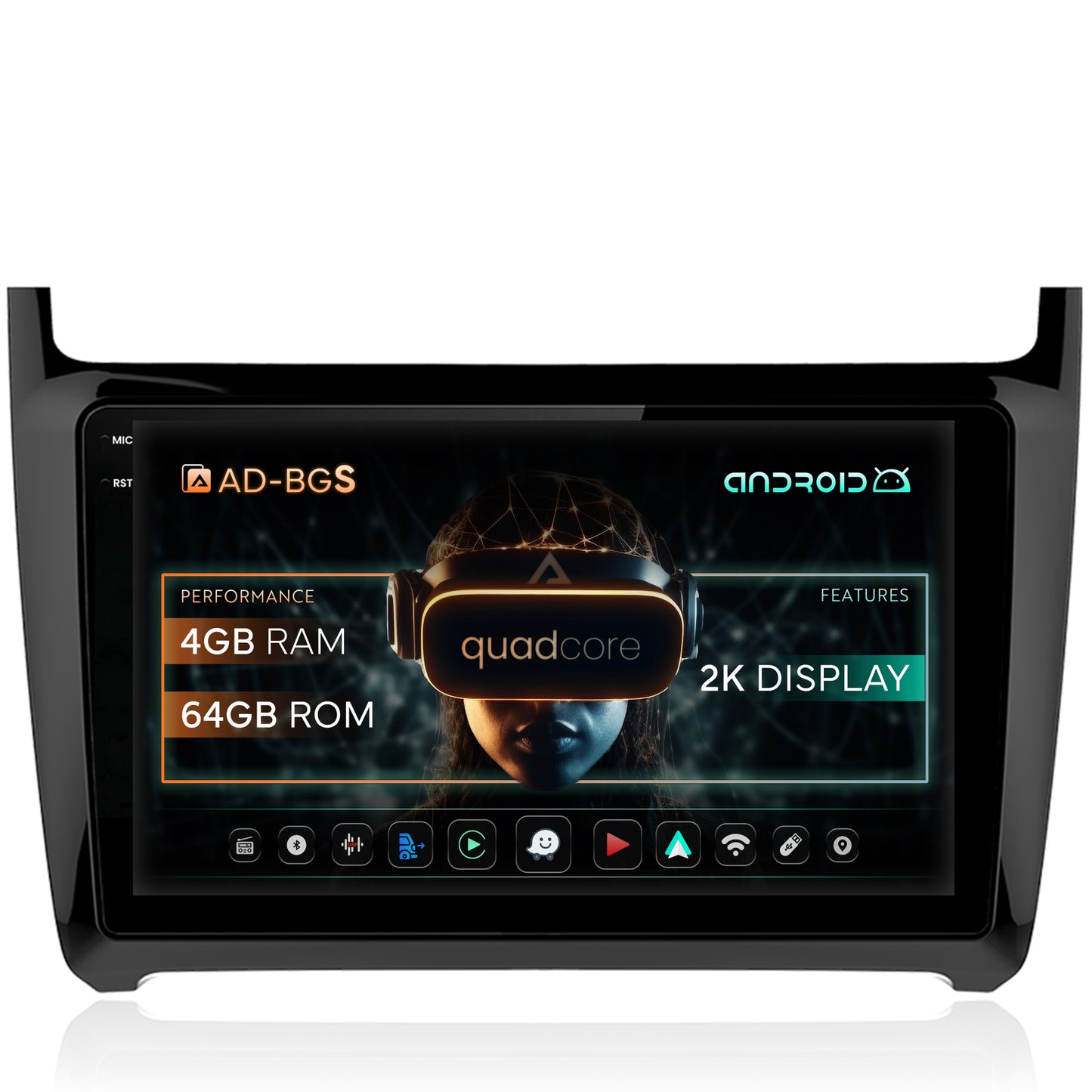 Navigatie 2K Volkswagen Polo (2009+), Android, S-Quadcore / 4GB RAM + 64GB ROM, 9.5 Inch - AD-BGS90042K+AD-BGRKIT033