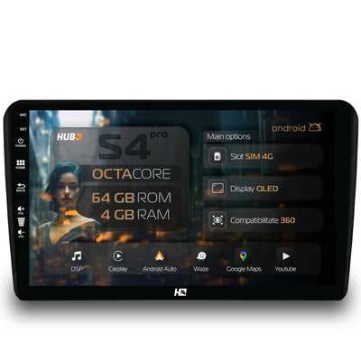 Navigatie HUB64 Audi A3/ S3/ RS3, 4GB RAM, Android, Octacore, Slot Sim 4G, DSP, GPS, Wi-FI, Carplay, Android Auto, USB, Bluetooth, Waze, Touchscreen, 9 inch