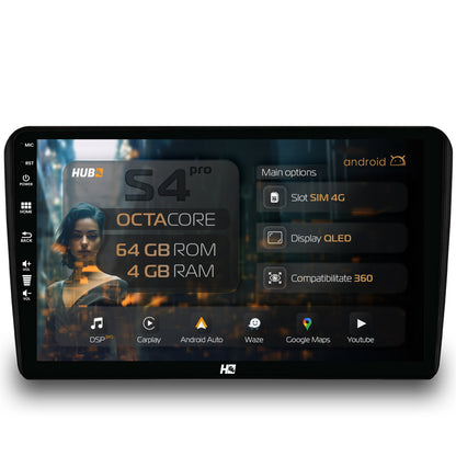 Navigatie HUB64 Audi A3/ S3/ RS3, 4GB RAM, Android, Octacore, Slot Sim 4G, DSP, GPS, Wi-FI, Carplay, Android Auto, USB, Bluetooth, Waze, Touchscreen, 9 inch