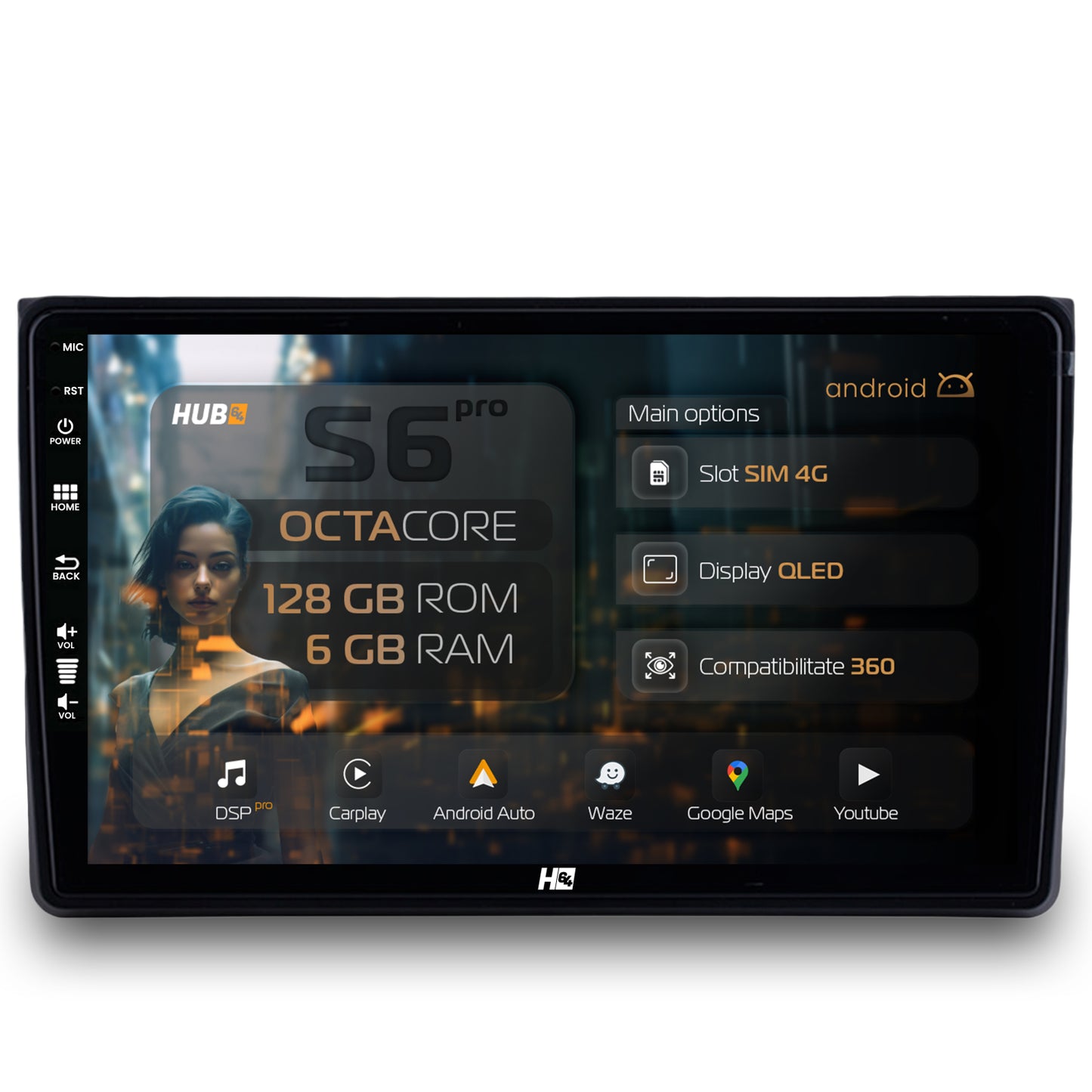 Navigatie HUB64 Audi A4(B6/B7) / SEAT EXEO, 6GB RAM, Android, Octacore, Slot Sim 4G, DSP, GPS, Wi-FI, Carplay, Android Auto, USB, Bluetooth, Waze, Touchscreen, 9 Inch