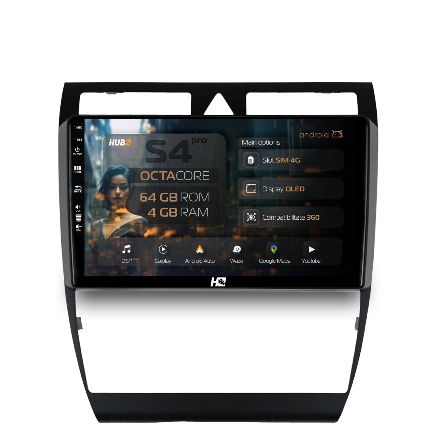 Navigatie HUB64 Audi A6 (1999-2004), 4GB RAM, Android, Octacore, Slot Sim 4G, DSP, GPS, Wi-FI, Carplay, Android Auto, USB, Bluetooth, Waze, Touchscreen, 9 inch