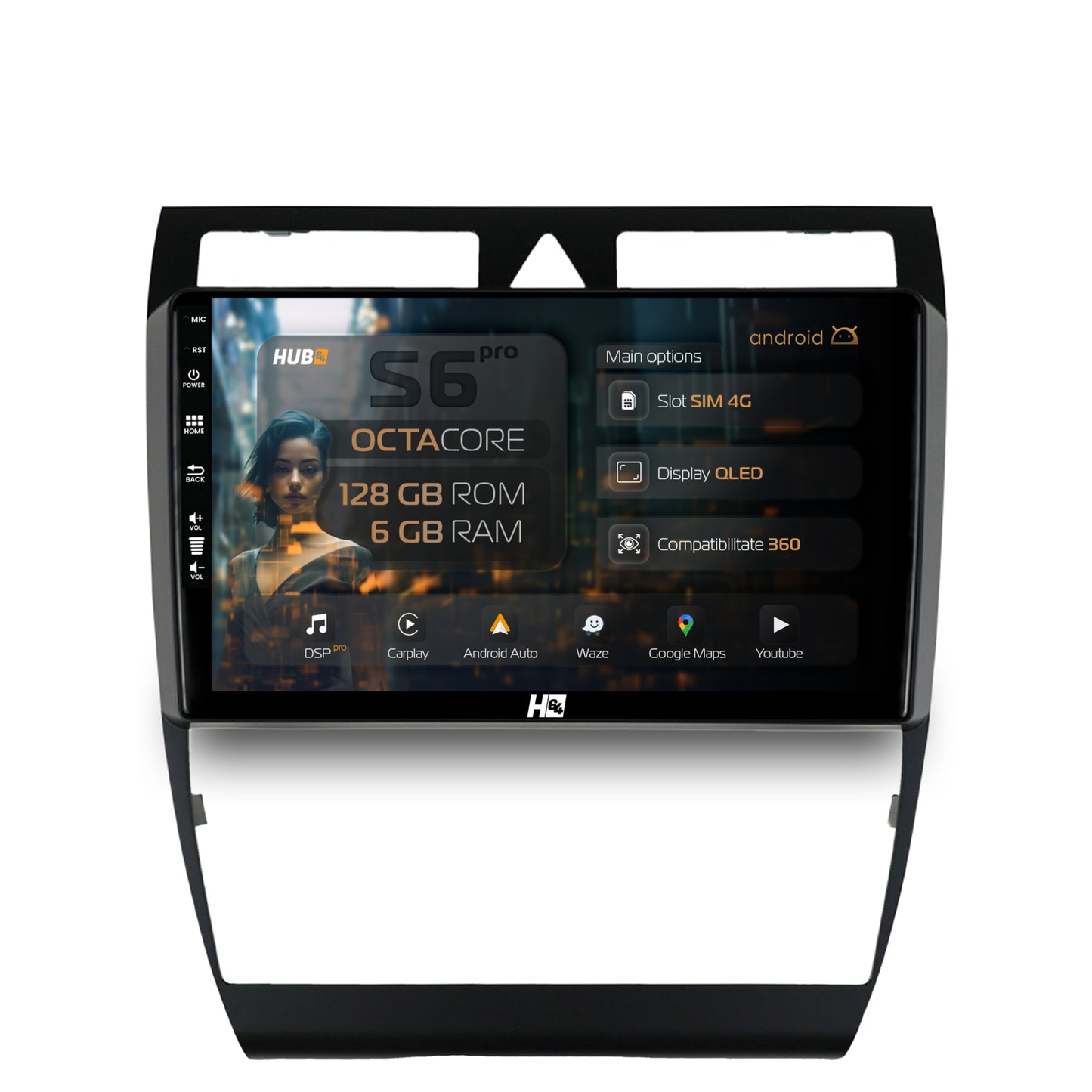 Navigatie HUB64 Audi A6, 6GB RAM, Android, Octacore, Slot Sim 4G, DSP, GPS, Wi-FI, Carplay, Android Auto, USB, Bluetooth, Waze, Touchscreen, 9 Inch