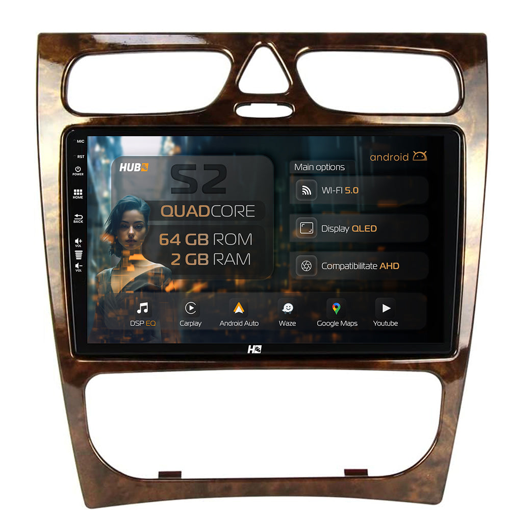Navigatie HUB64 Benz C Class (W203) (2002-2004), 2GB RAM, Android, GPS, Wi-FI, Carplay, Android Auto, USB, Bluetooth, Radio, Waze, Touchscreen, 9 inch