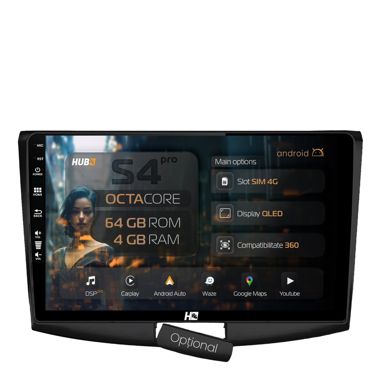 Navigatie HUB64 (BLACK) Volkswagen Passat B6 / B7 / CC, 4GB RAM, Android, Octacore, Slot Sim 4G, DSP, GPS, Wi-FI, Carplay, Android Auto, USB, Bluetooth, Waze, Touchscreen,, 10.1 Inch