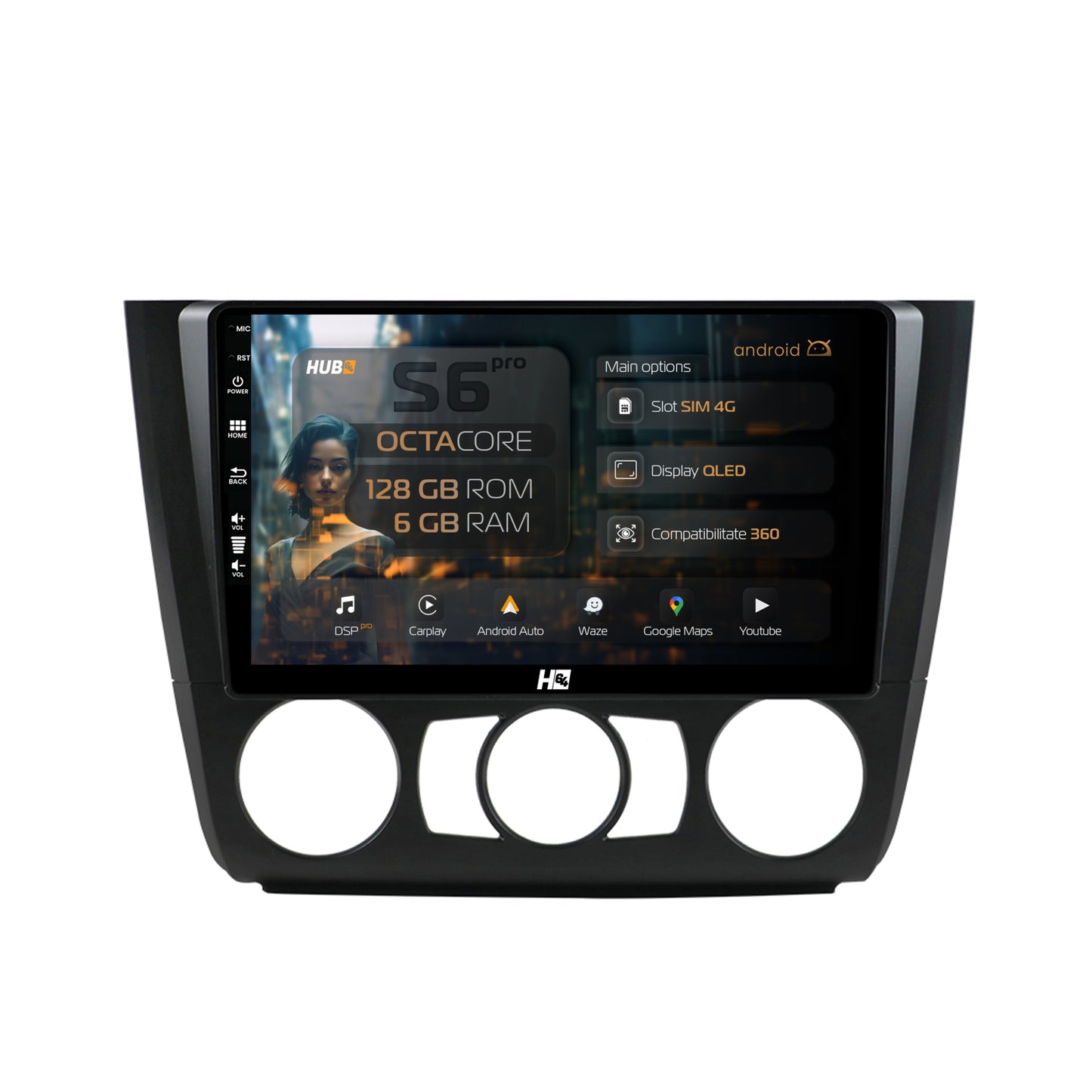 Navigatie HUB64 BMW Seria 1 E87 (2007-2011), Clima Manuala, Android, Octacore / 6GB RAM + 128GB ROM, 9 Inch - HB-649006+AD-BGRKIT398