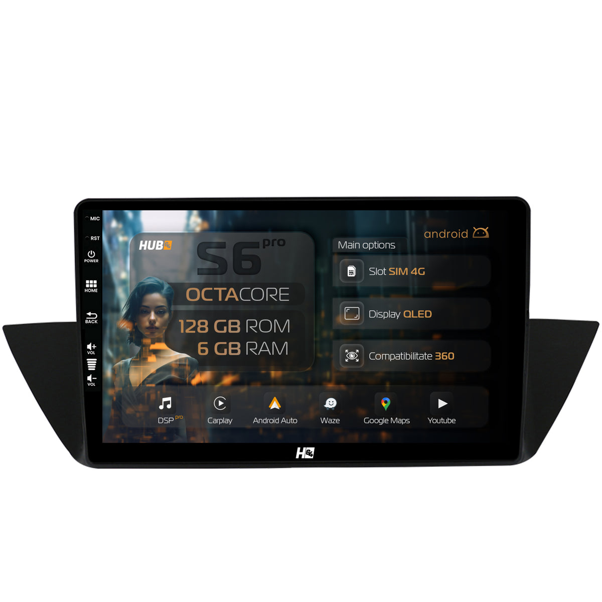 Navigatie HUB64 BMW X1 (2009-2015), 6GB RAM, Android, Octacore, Slot Sim 4G, DSP, GPS, Wi-FI, Carplay, Android Auto, USB, Bluetooth, Waze, Touchscreen, 10.1 Inch