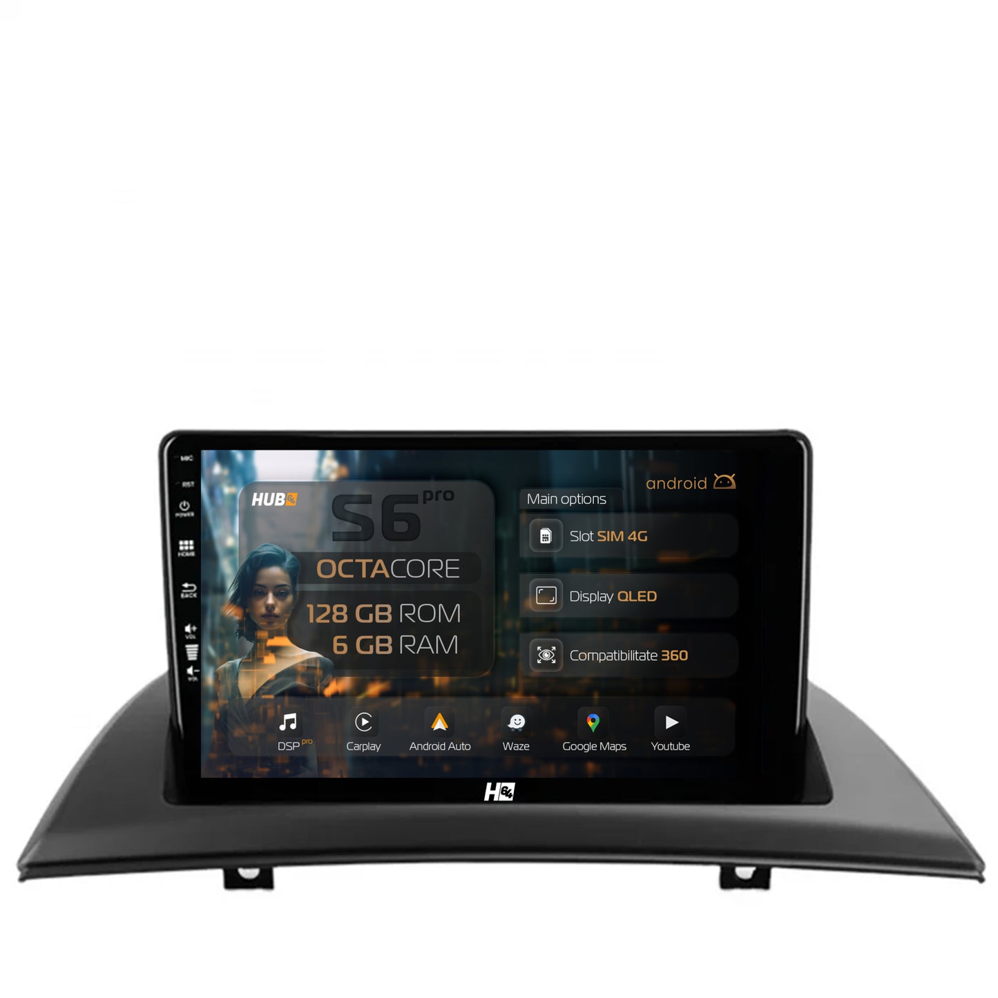 Navigatie HUB64 BMW X3 E83 (2003-2010), 6GB RAM, Android, Octacore, Slot Sim 4G, DSP, GPS, Wi-FI, Carplay, Android Auto, USB, Bluetooth, Waze, Touchscreen, 9 Inch