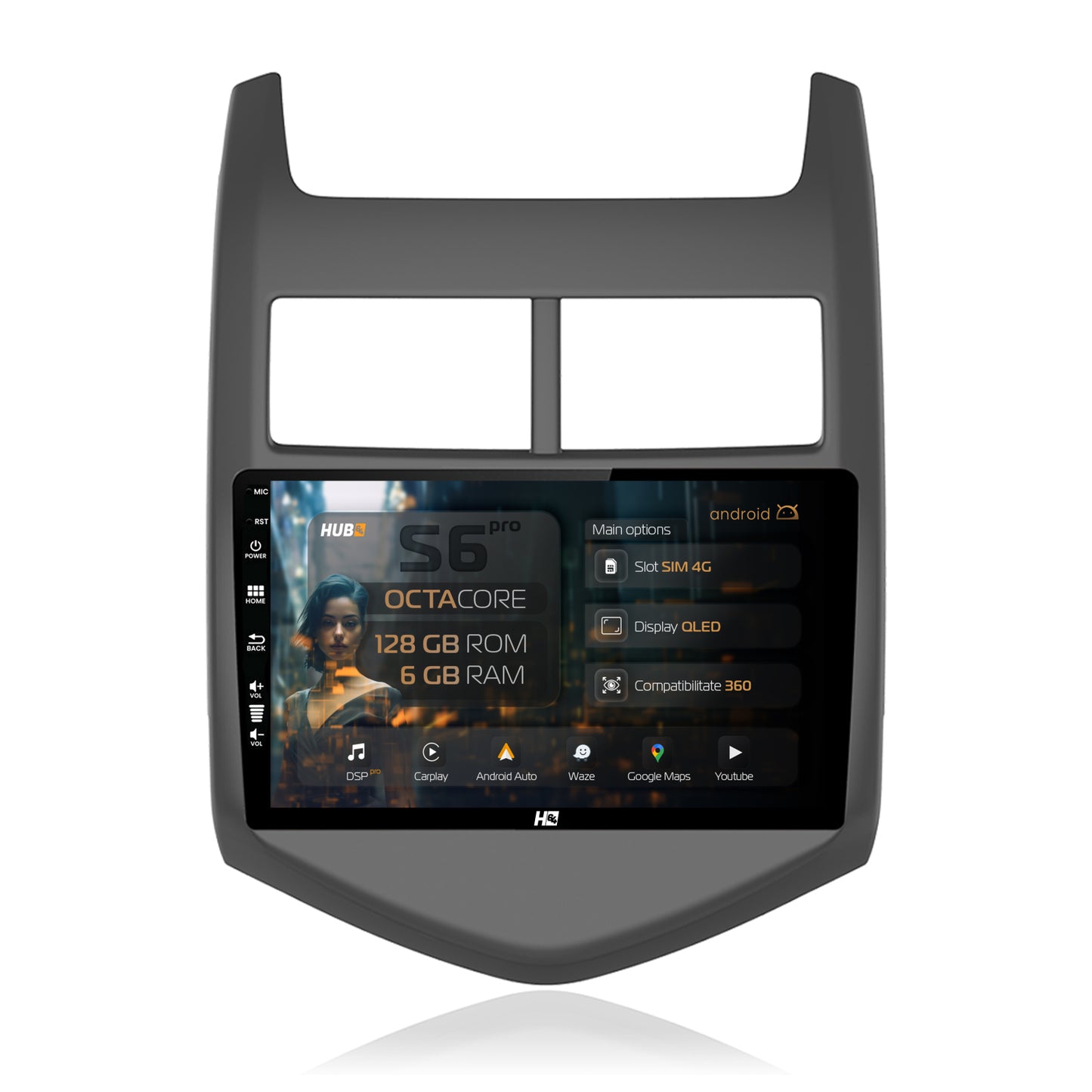 Navigatie HUB64 Chevrolet Aveo 2 (2010-2015), 6GB RAM, Android, Octacore, Slot Sim 4G, DSP, GPS, Wi-FI, Carplay, Android Auto, USB, Bluetooth, Waze, Touchscreen, 9 Inch