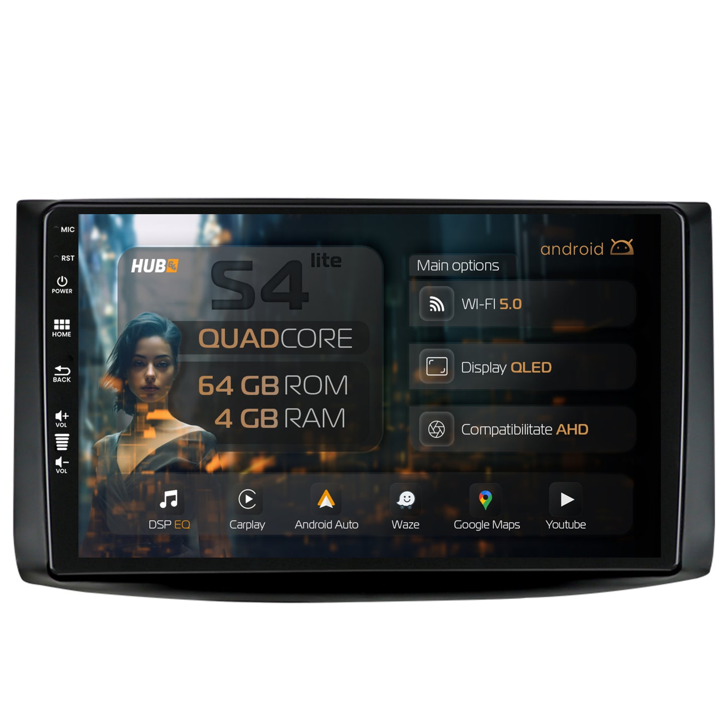 Navigatie HUB64 Chevrolet Aveo (2006-2012), 4GB RAM, Android, Quadcore, DSP, GPS, Wi-FI, Carplay, Android Auto, USB, Bluetooth, Waze, Touchscreen, 9 inch
