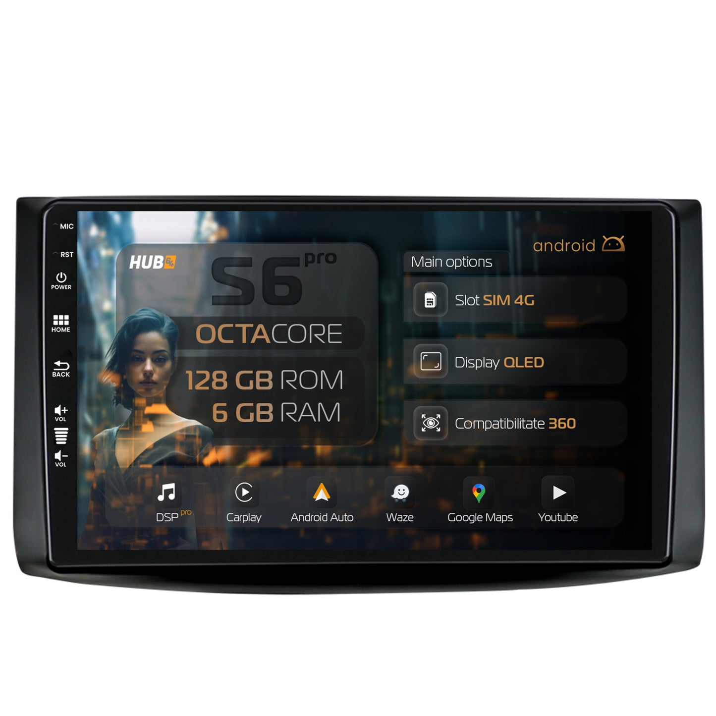 Navigatie HUB64 Chevrolet Aveo (2006-2012), 6GB RAM, Android, Octacore, Slot Sim 4G, DSP, GPS, Wi-FI, Carplay, Android Auto, USB, Bluetooth, Waze, Touchscreen, 9 Inch