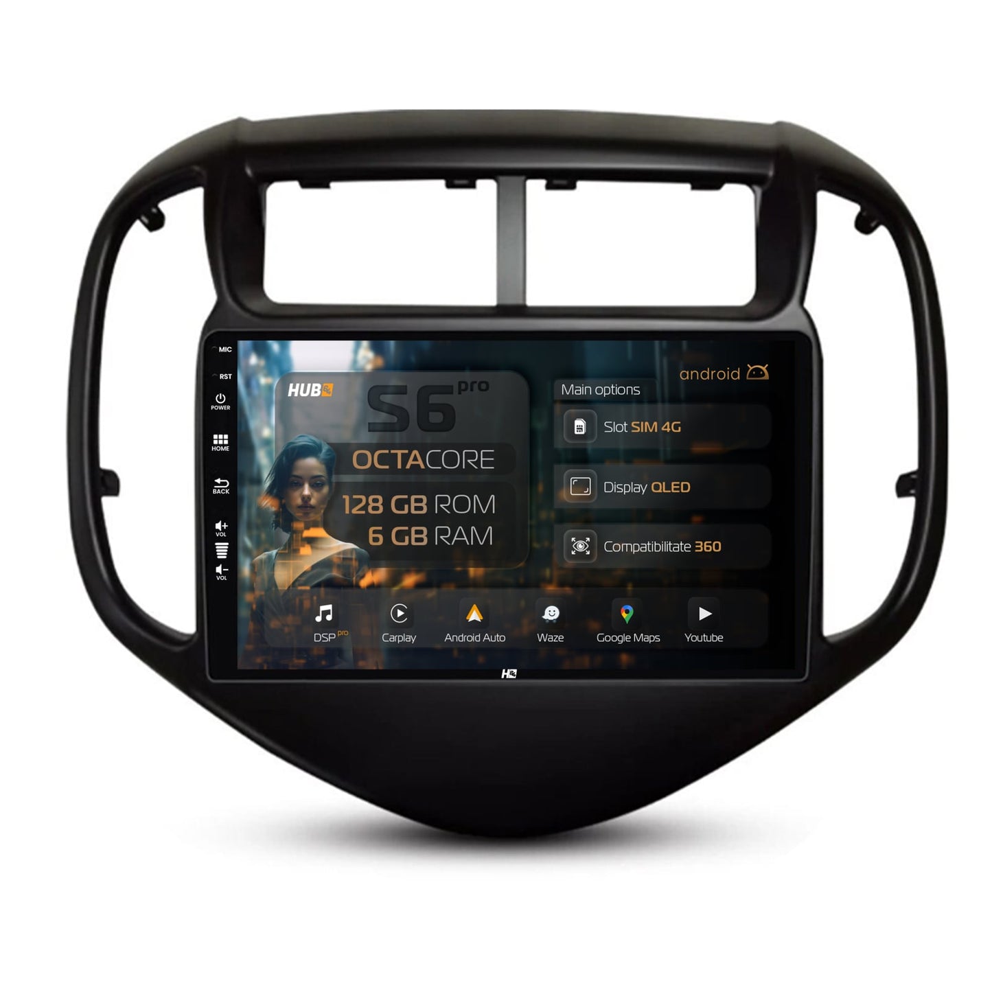 Navigatie HUB64 Chevrolet Aveo (2016-2021), 6GB RAM, Android, Octacore, Slot Sim 4G, DSP, GPS, Wi-FI, Carplay, Android Auto, USB, Bluetooth, Waze, Touchscreen, 9 Inch