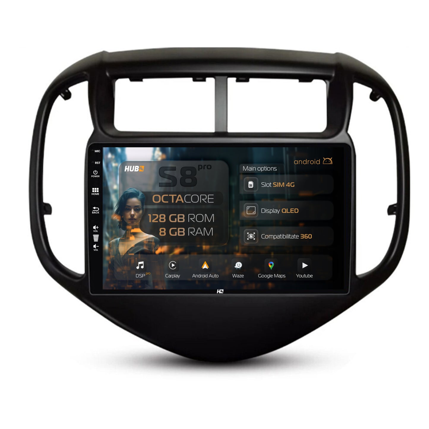 Navigatie HUB64 Chevrolet Aveo (2016-2021), 8GB RAM, Android, Octacore, Slot Sim 4G, DSP, GPS, Wi-FI, Carplay, Android Auto, USB, Bluetooth, Waze, Touchscreen, 9 Inch