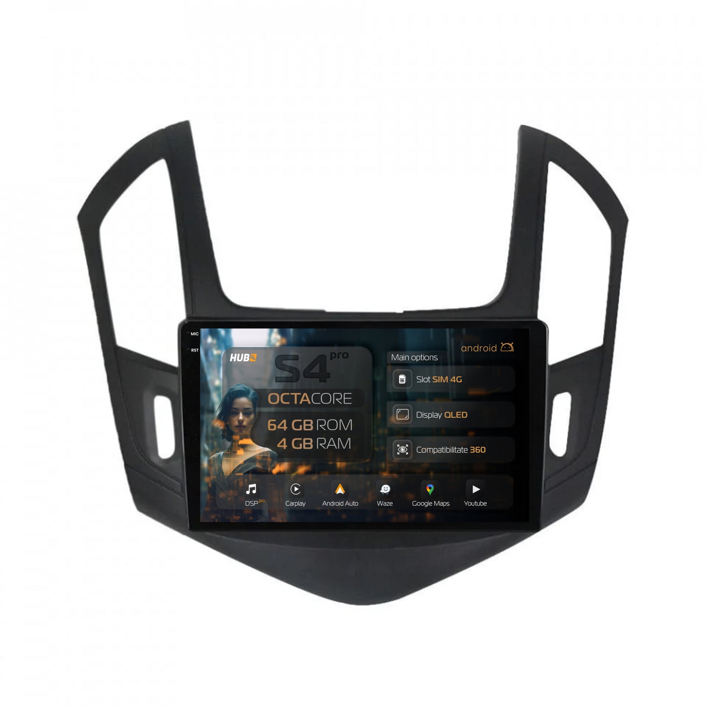 Navigatie HUB64 Chevrolet Cruze (2013-2015), 4GB RAM, Android, Octacore, Slot Sim 4G, DSP, GPS, Wi-FI, Carplay, Android Auto, USB, Bluetooth, Waze, Touchscreen, 9 inch