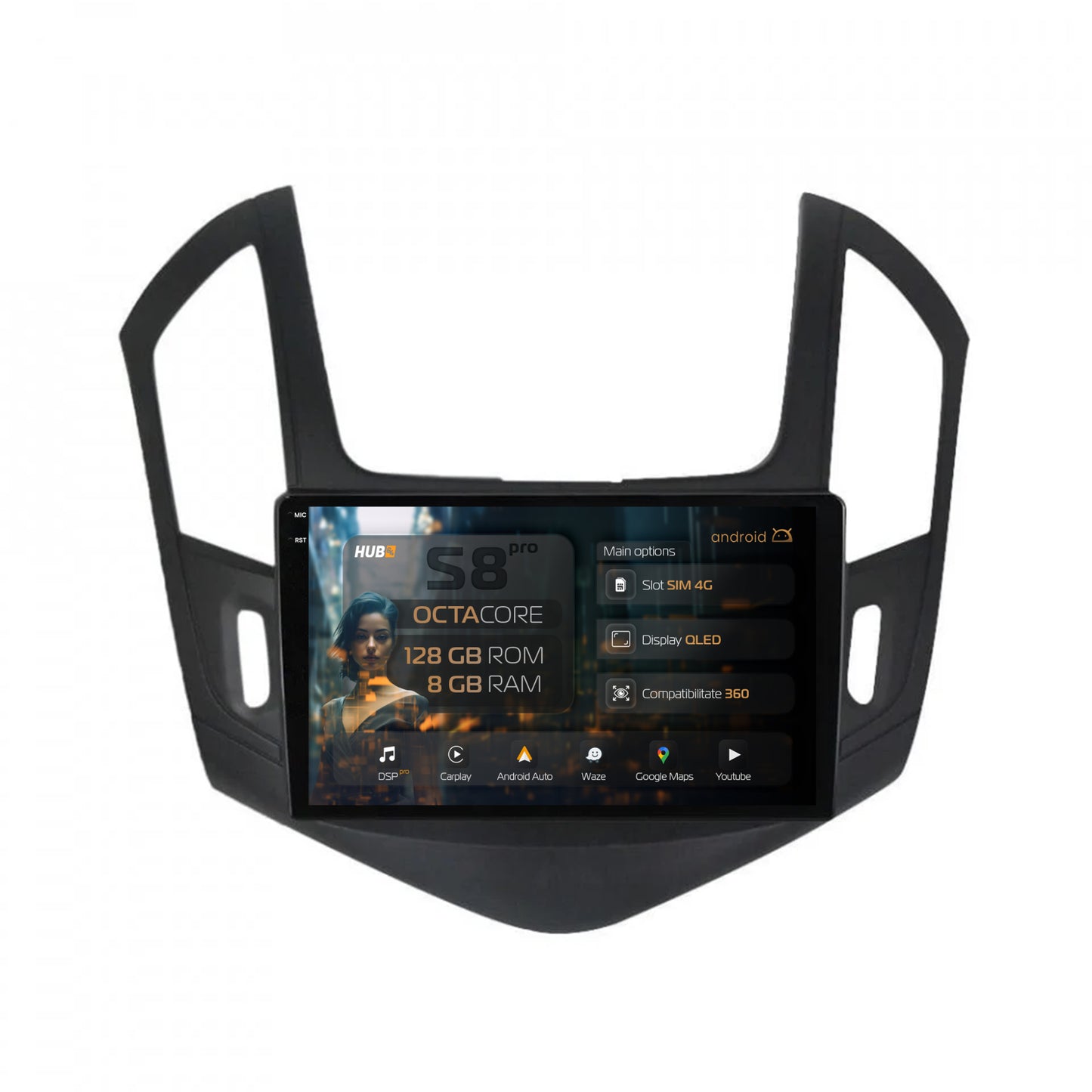 Navigatie HUB64 Chevrolet Cruze (2013-2015), 8GB RAM, Android, Octacore, Slot Sim 4G, DSP, GPS, Wi-FI, Carplay, Android Auto, USB, Bluetooth, Waze, Touchscreen, 9 Inch