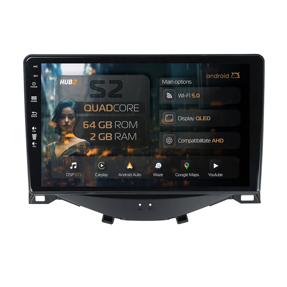 Navigatie HUB64 Citroen C1 / Peugeot 108 / Toyota AYGO (2014-2022), 2GB RAM, Android, GPS, Wi-FI, Carplay, Android Auto, USB, Bluetooth, Radio, Waze, Touchscreen, 9 inch