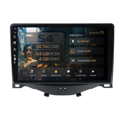 Navigatie HUB64 Citroen C1 / Peugeot 108 / Toyota AYGO (2014-2022),, 4GB RAM, Android, Octacore, Slot Sim 4G, DSP, GPS, Wi-FI, Carplay, Android Auto, USB, Bluetooth, Waze, Touchscreen, 9 inch