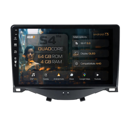 Navigatie HUB64 Citroen C1 / Peugeot 108 / Toyota AYGO (2014-2022), 4GB RAM, Android, Quadcore, DSP, GPS, Wi-FI, Carplay, Android Auto, USB, Bluetooth, Waze, Touchscreen, 9 inch