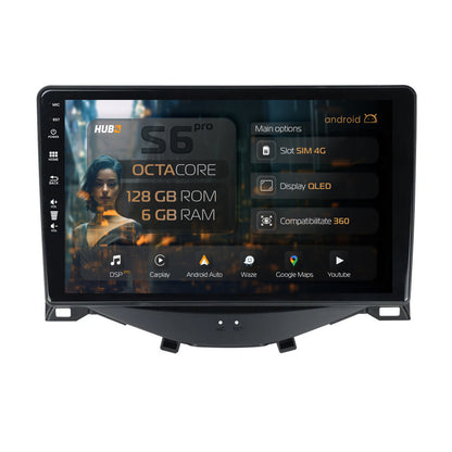 Navigatie HUB64 Citroen C1 / Peugeot 108 / Toyota AYGO (2014-2022), 6GB RAM, Android, Octacore, Slot Sim 4G, DSP, GPS, Wi-FI, Carplay, Android Auto, USB, Bluetooth, Waze, Touchscreen, 9 Inch