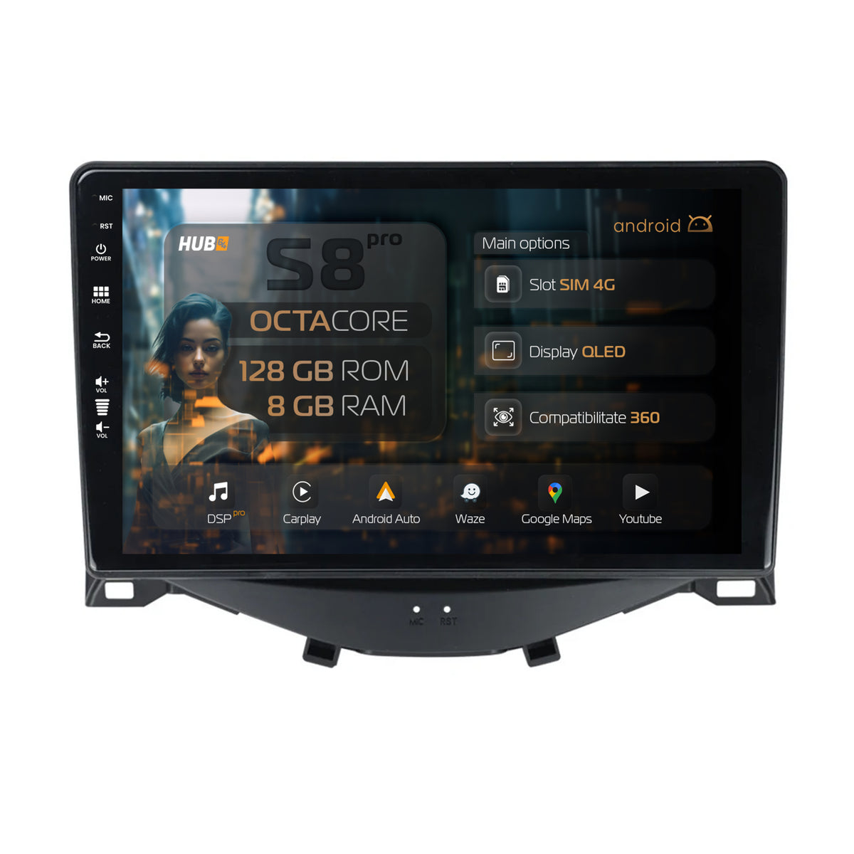 Navigatie HUB64 Citroen C1 / Peugeot 108 / Toyota AYGO (2014-2022), 8GB RAM, Android, Octacore, Slot Sim 4G, DSP, GPS, Wi-FI, Carplay, Android Auto, USB, Bluetooth, Waze, Touchscreen, 9 Inch