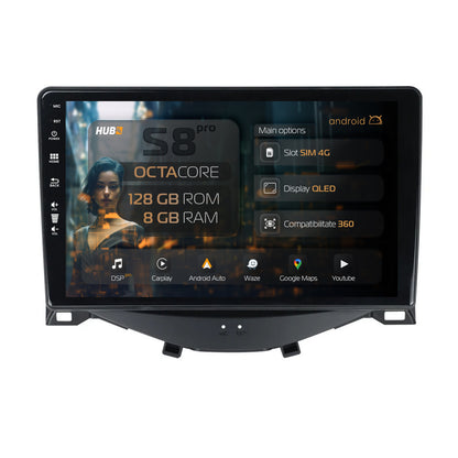 Navigatie HUB64 Citroen C1 / Peugeot 108 / Toyota AYGO (2014-2022), 8GB RAM, Android, Octacore, Slot Sim 4G, DSP, GPS, Wi-FI, Carplay, Android Auto, USB, Bluetooth, Waze, Touchscreen, 9 Inch