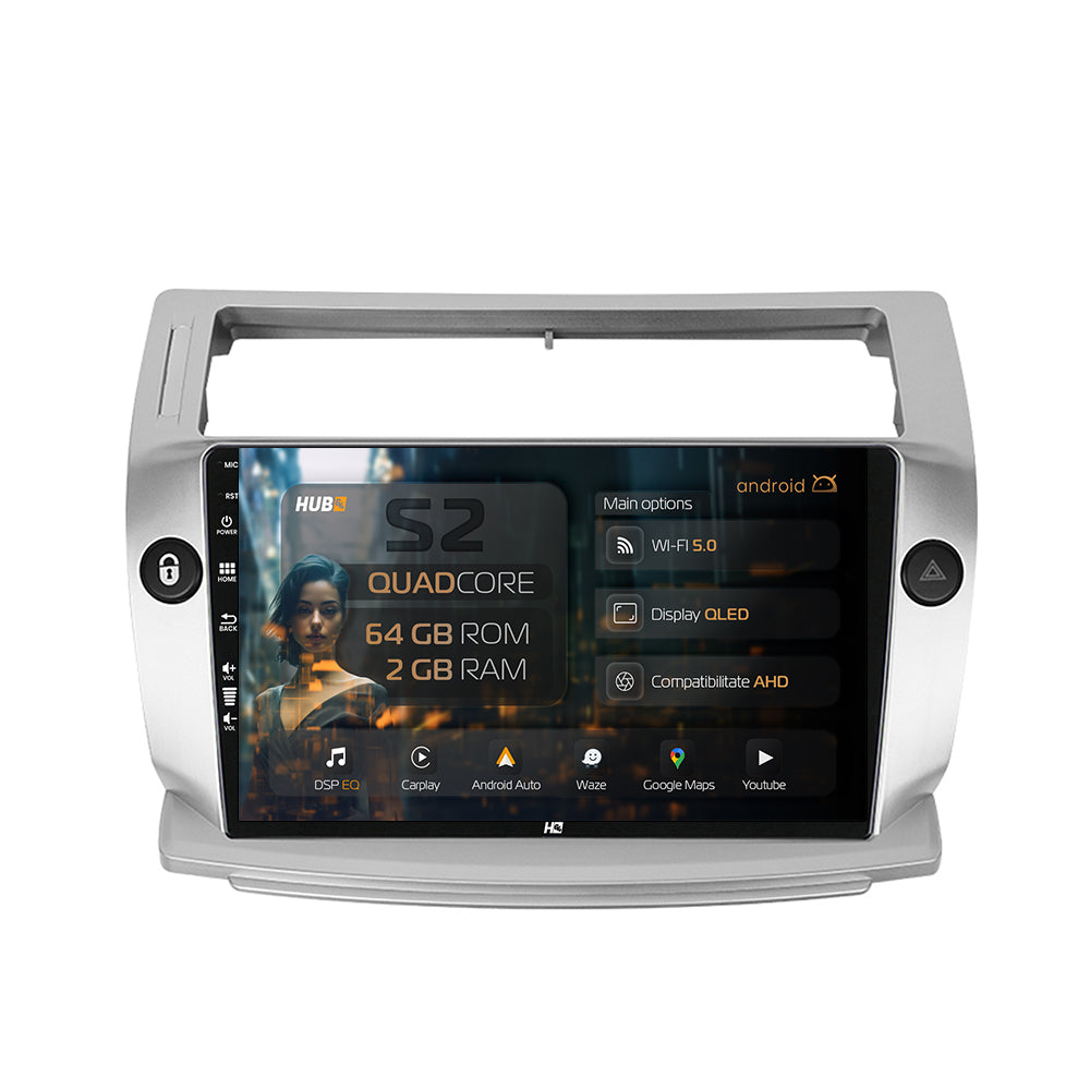 Navigatie HUB64 Citroen C4 (2004-2014), 2GB RAM, Android, GPS, Wi-FI, Carplay, Android Auto, USB, Bluetooth, Radio, Waze, Touchscreen, 9 inch