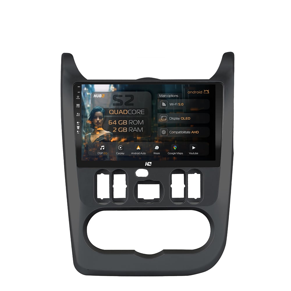 Navigatie HUB64 Dacia Logan / Duster / Sandero (2009-2013), 2GB RAM, Android, GPS, Wi-FI, Carplay, Android Auto, USB, Bluetooth, Radio, Waze, Touchscreen, 9" inch