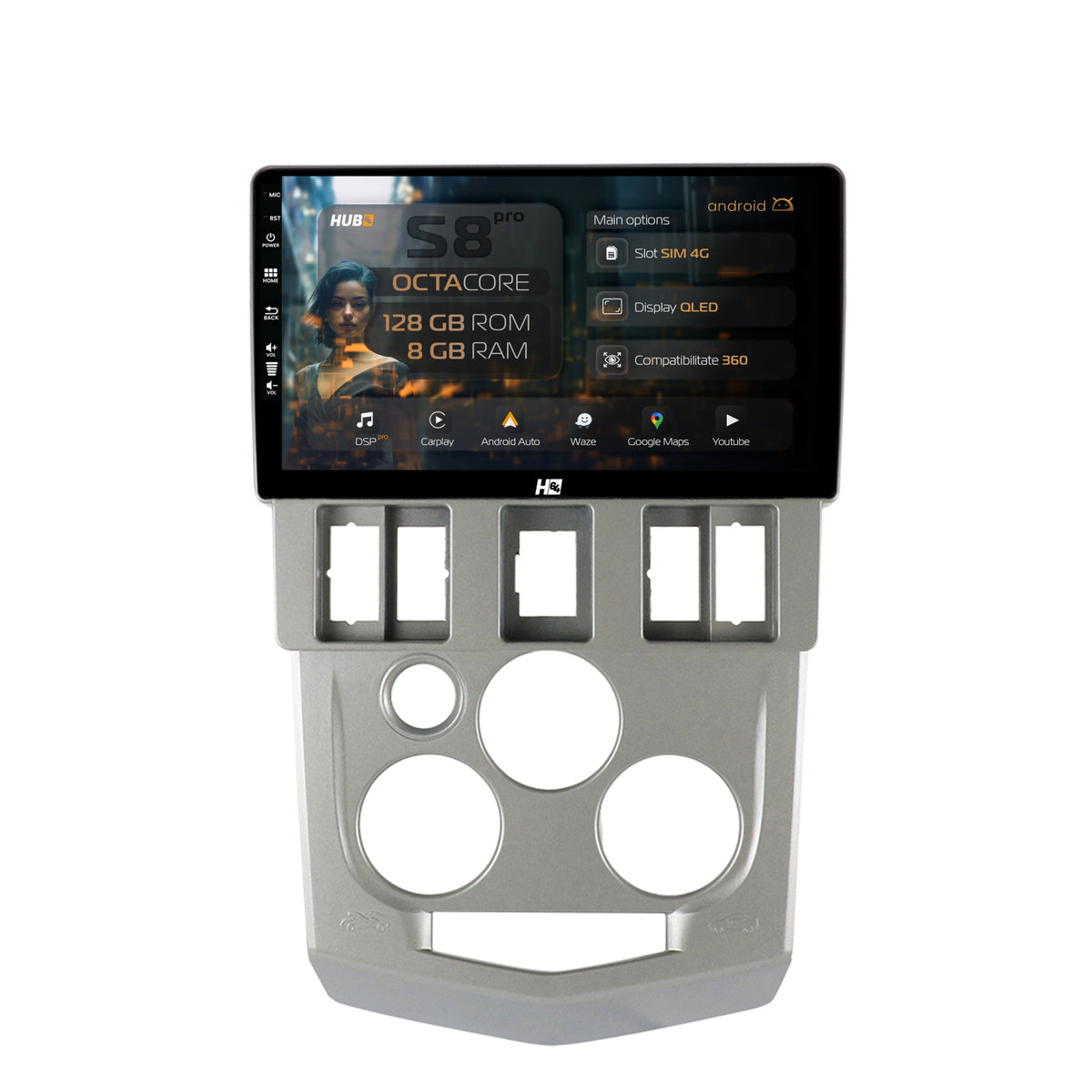 Navigatie HUB64 Dacia Logan PH1 (2004-2009), 8GB RAM, Android, Octacore, Slot Sim 4G, DSP, GPS, Wi-FI, Carplay, Android Auto, USB, Bluetooth, Waze, Touchscreen, 9 Inch