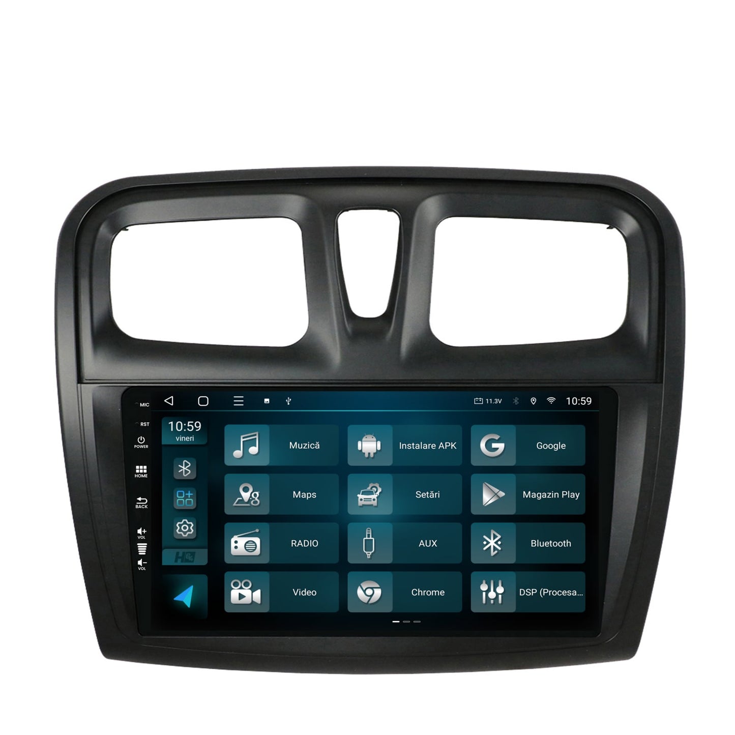 Navigatie HUB64 Dacia Logan / Sandero, 4GB RAM, Android, Octacore, Slot Sim 4G, DSP, GPS, Wi-FI, Carplay, Android Auto, USB, Bluetooth, Waze, Touchscreen, 9 inch