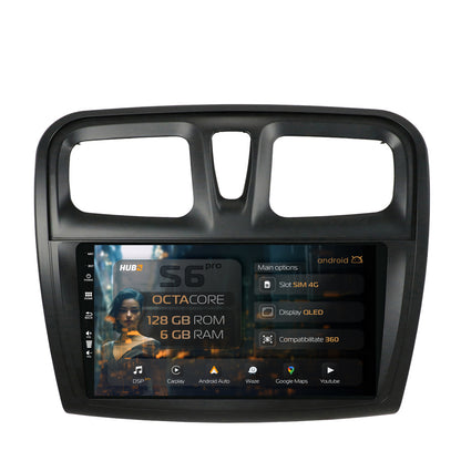 Navigatie HUB64 Dacia Logan / Sandero, 6GB RAM, Android, Octacore, Slot Sim 4G, DSP, GPS, Wi-FI, Carplay, Android Auto, USB, Bluetooth, Waze, Touchscreen, 9 Inch