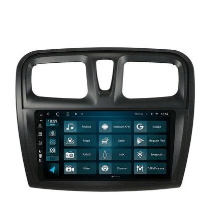 Navigatie HUB64 Dacia Logan / Sandero, 8GB RAM, Android, Octacore, Slot Sim 4G, DSP, GPS, Wi-FI, Carplay, Android Auto, USB, Bluetooth, Waze, Touchscreen, 9 Inch