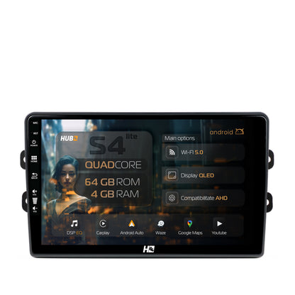 Navigatie HUB64 Dacia/Renault, 4GB RAM, Android, Quadcore, DSP, GPS, Wi-FI, Carplay, Android Auto, USB, Bluetooth, Waze, Touchscreen, 9 inch