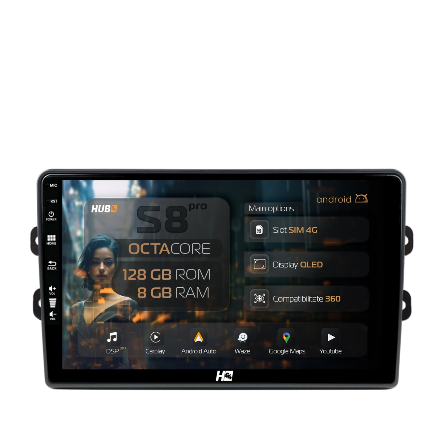 Navigatie HUB64 Dacia/Renault, 8GB RAM, Android, Octacore, Slot Sim 4G, DSP, GPS, Wi-FI, Carplay, Android Auto, USB, Bluetooth, Waze, Touchscreen, 9 Inch