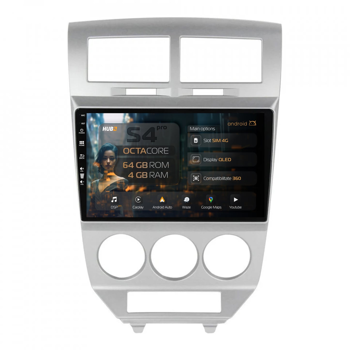 Navigatie HUB64 Dodge Caliber (2006-2010), 4GB RAM, Android, Octacore, Slot Sim 4G, DSP, GPS, Wi-FI, Carplay, Android Auto, USB, Bluetooth, Waze, Touchscreen, 10.1 inch