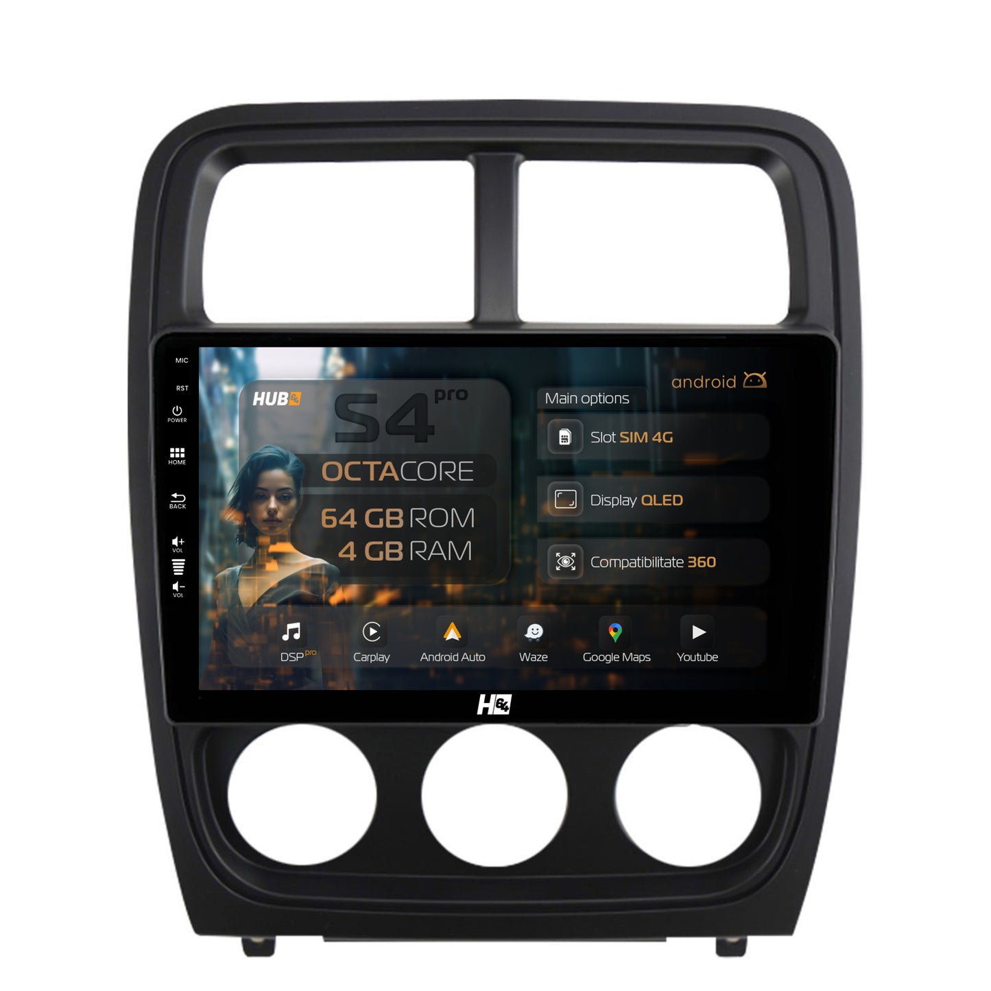 Navigatie HUB64 Dodge Caliber (2010-2012), 4GB RAM, Android, Octacore, Slot Sim 4G, DSP, GPS, Wi-FI, Carplay, Android Auto, USB, Bluetooth, Waze, Touchscreen, 9 inch