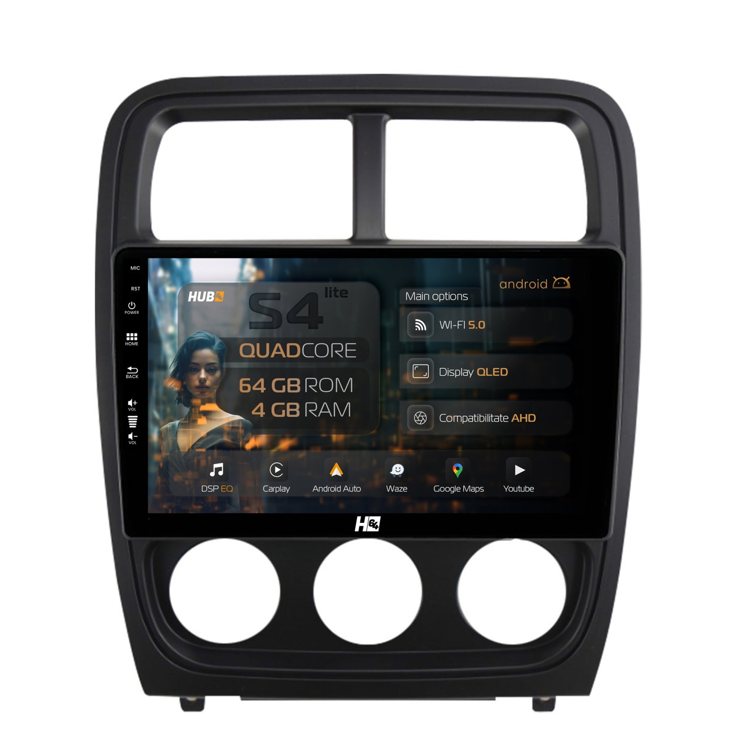 Navigatie HUB64 Dodge Caliber (2010-2012), 4GB RAM, Android, Quadcore, DSP, GPS, Wi-FI, Carplay, Android Auto, USB, Bluetooth, Waze, Touchscreen, 9 inch