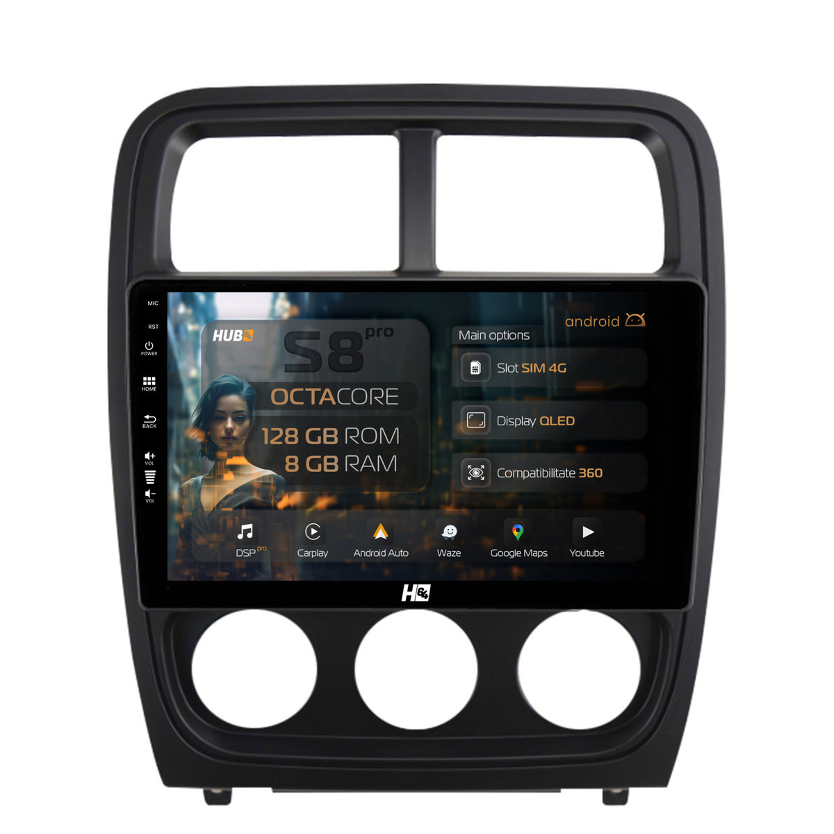 Navigatie HUB64 Dodge Caliber (2010-2012), 8GB RAM, Android, Octacore, Slot Sim 4G, DSP, GPS, Wi-FI, Carplay, Android Auto, USB, Bluetooth, Waze, Touchscreen, 9 Inch