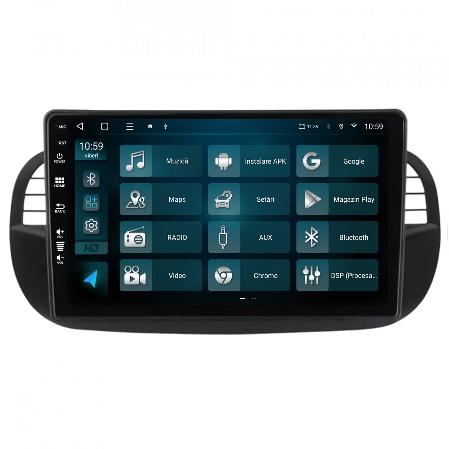 Navigatie HUB64 Fiat 500 (2007-2014), 2GB RAM, Android, GPS, Wi-FI, Carplay, Android Auto, USB, Bluetooth, Radio, Waze, Touchscreen, 9 inch