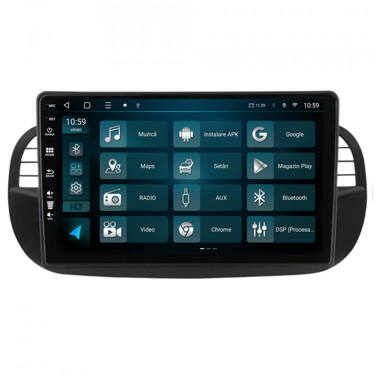 Navigatie HUB64 Fiat 500 (2007-2014), 4GB RAM, Android, Octacore, Slot Sim 4G, DSP, GPS, Wi-FI, Carplay, Android Auto, USB, Bluetooth, Waze, Touchscreen, 9 inch