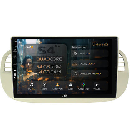 Navigatie HUB64 Fiat 500 (2007-2014), 4GB RAM, Android, Quadcore, DSP, GPS, Wi-FI, Carplay, Android Auto, USB, Bluetooth, Waze, Touchscreen, 9 inch