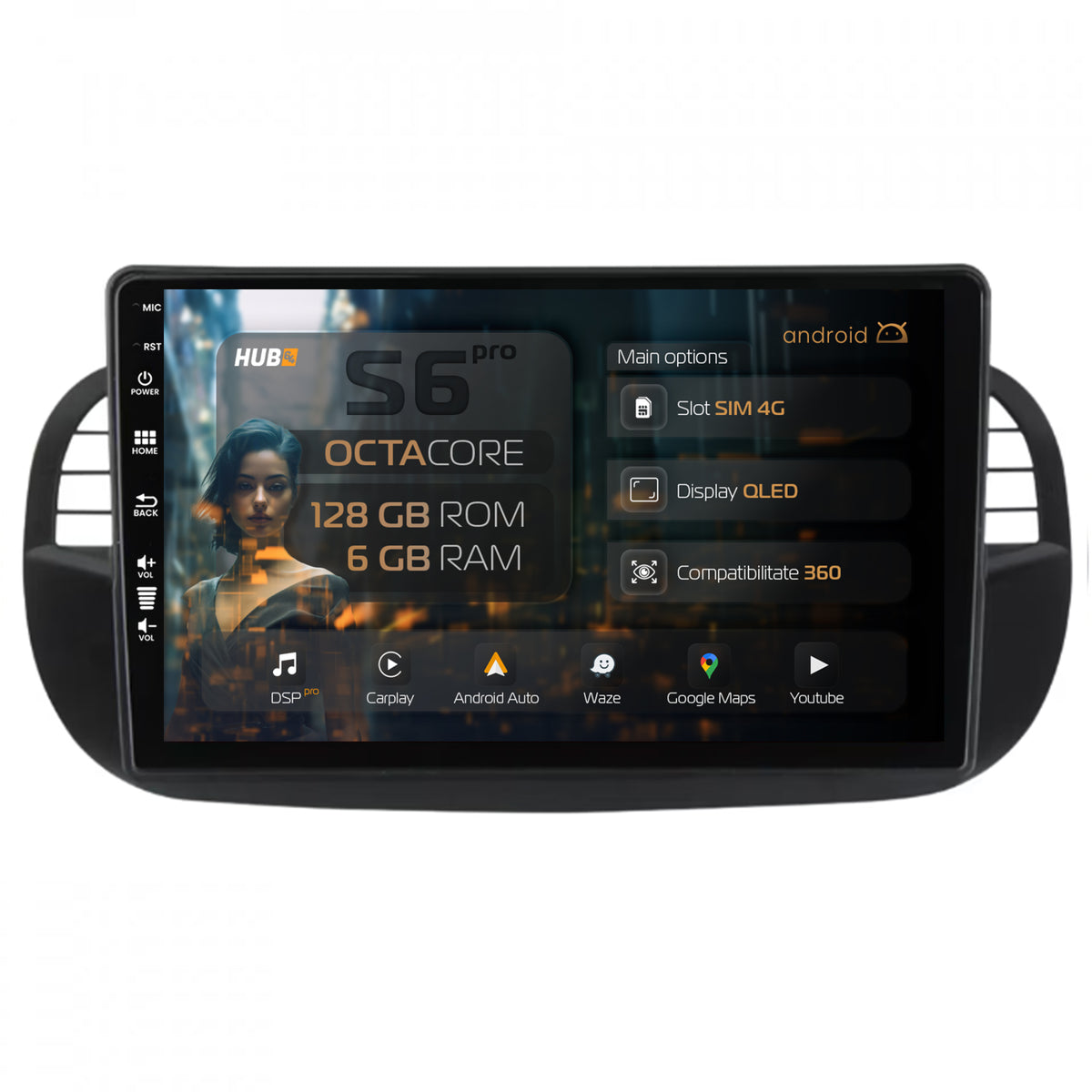 Navigatie HUB64 Fiat 500 (2007-2014), 6GB RAM, Android, Octacore, Slot Sim 4G, DSP, GPS, Wi-FI, Carplay, Android Auto, USB, Bluetooth, Waze, Touchscreen, 9 Inch