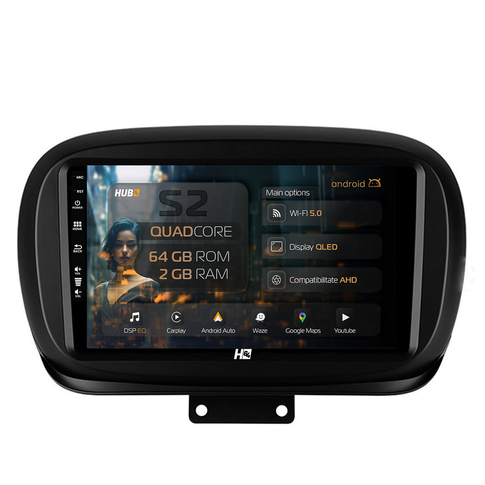 Navigatie HUB64 Fiat 500X (2014-2020), 2GB RAM, Android, GPS, Wi-FI, Carplay, Android Auto, USB, Bluetooth, Radio, Waze, Touchscreen, 9 inch