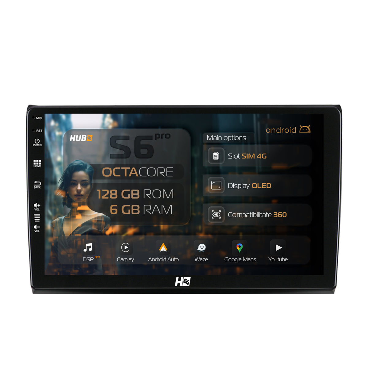 Navigatie HUB64 Fiat Bravo (2006-2014), 6GB RAM, Android, Octacore, Slot Sim 4G, DSP, GPS, Wi-FI, Carplay, Android Auto, USB, Bluetooth, Waze, Touchscreen, 9 Inch