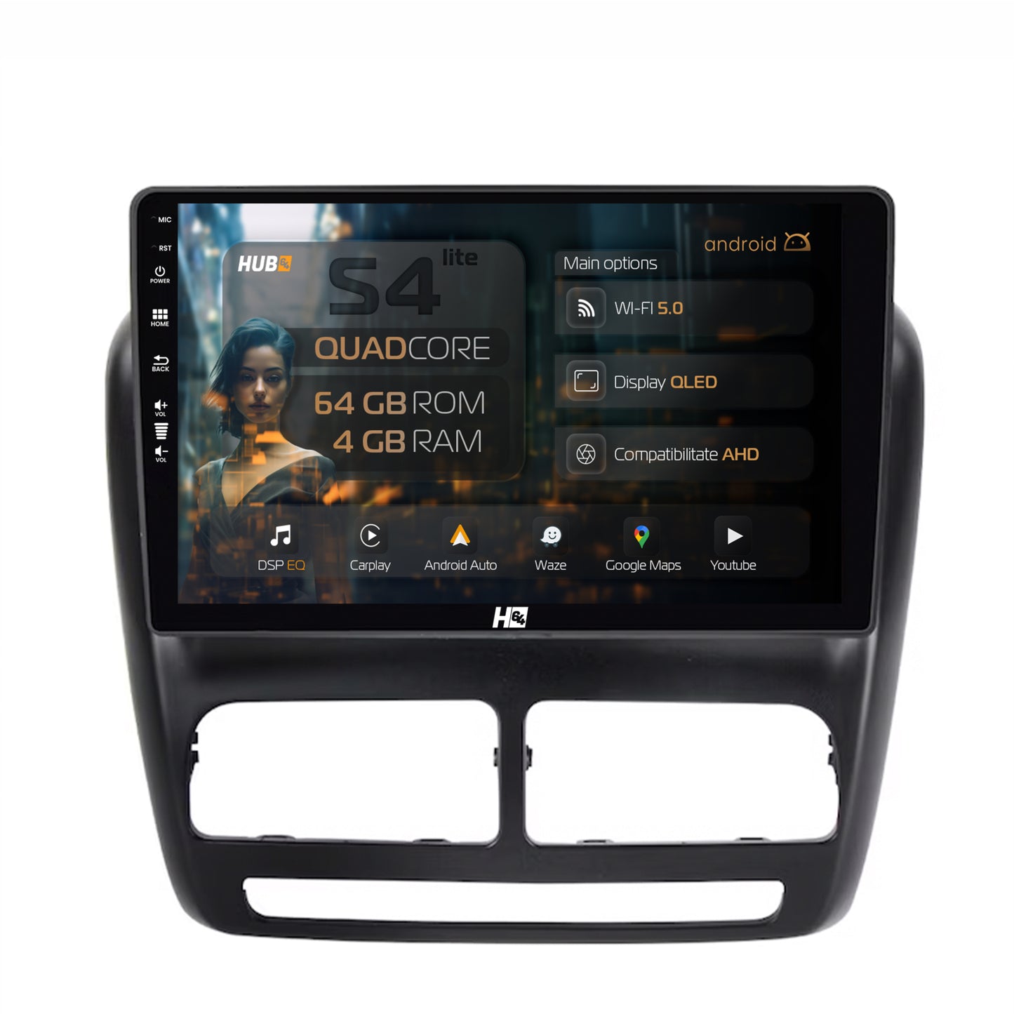 Navigatie HUB64 Fiat Doblo (2010-2015), 4GB RAM, Android, Quadcore, DSP, GPS, Wi-FI, Carplay, Android Auto, USB, Bluetooth, Waze, Touchscreen, 10.1 inch