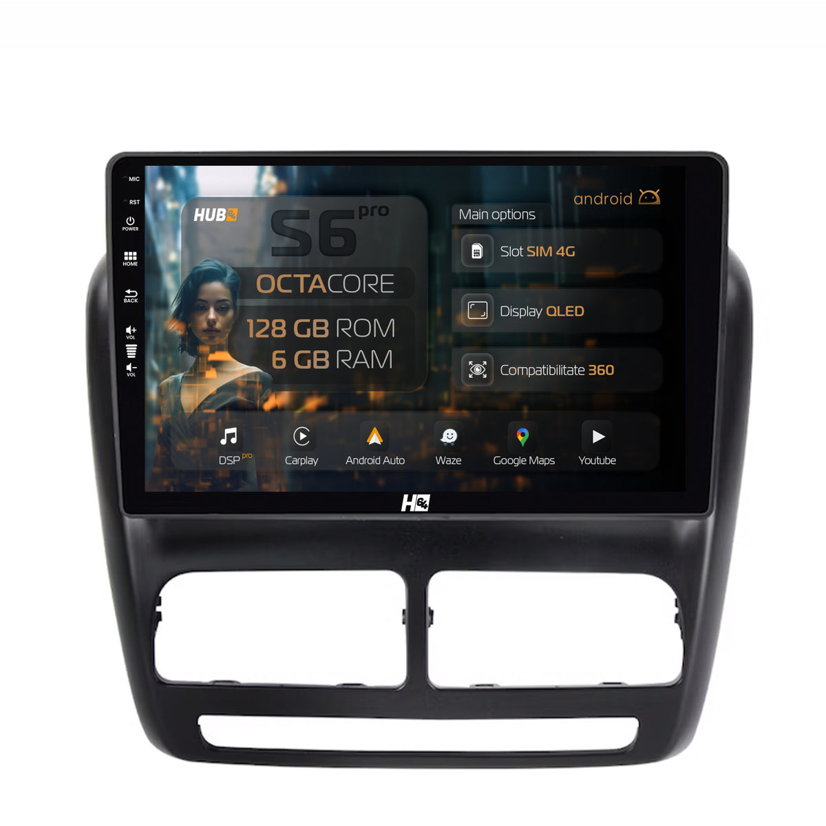 Navigatie HUB64 Fiat Doblo (2010-2015), 6GB RAM, Android, Octacore, Slot Sim 4G, DSP, GPS, Wi-FI, Carplay, Android Auto, USB, Bluetooth, Waze, Touchscreen, 9 inch