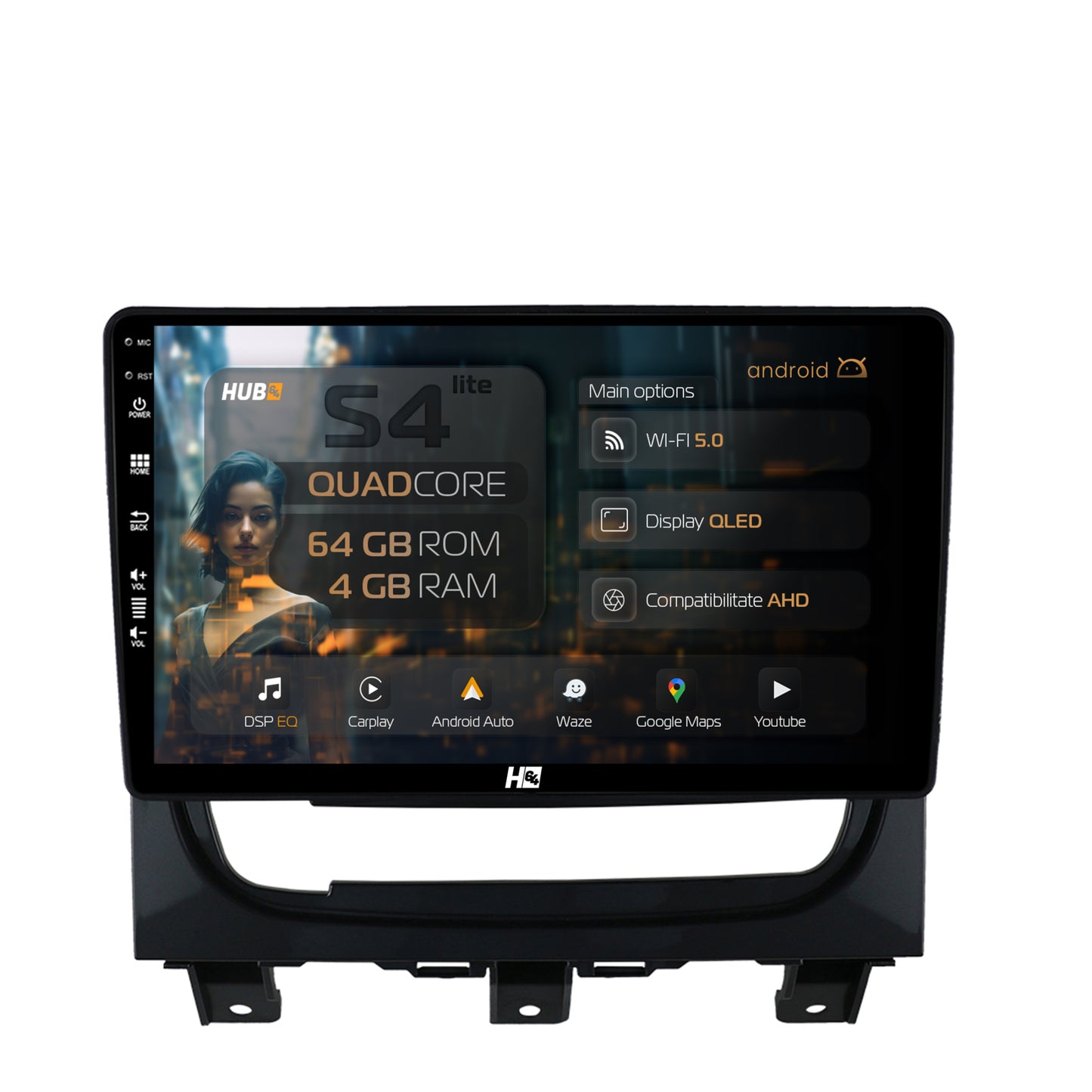 Navigatie HUB64 Fiat Strada / Idea (2011-2016), 4GB RAM, Android, Quadcore, DSP, GPS, Wi-FI, Carplay, Android Auto, USB, Bluetooth, Waze, Touchscreen, 9 inch
