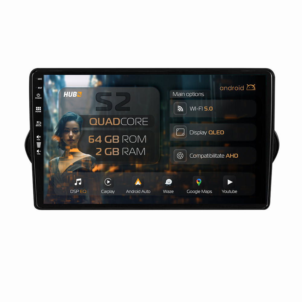 Navigatie HUB64 Fiat Tipo (2015-2021), 2GB RAM, Android, GPS, Wi-FI, Carplay, Android Auto, USB, Bluetooth, Radio, Waze, Touchscreen, 9 inch