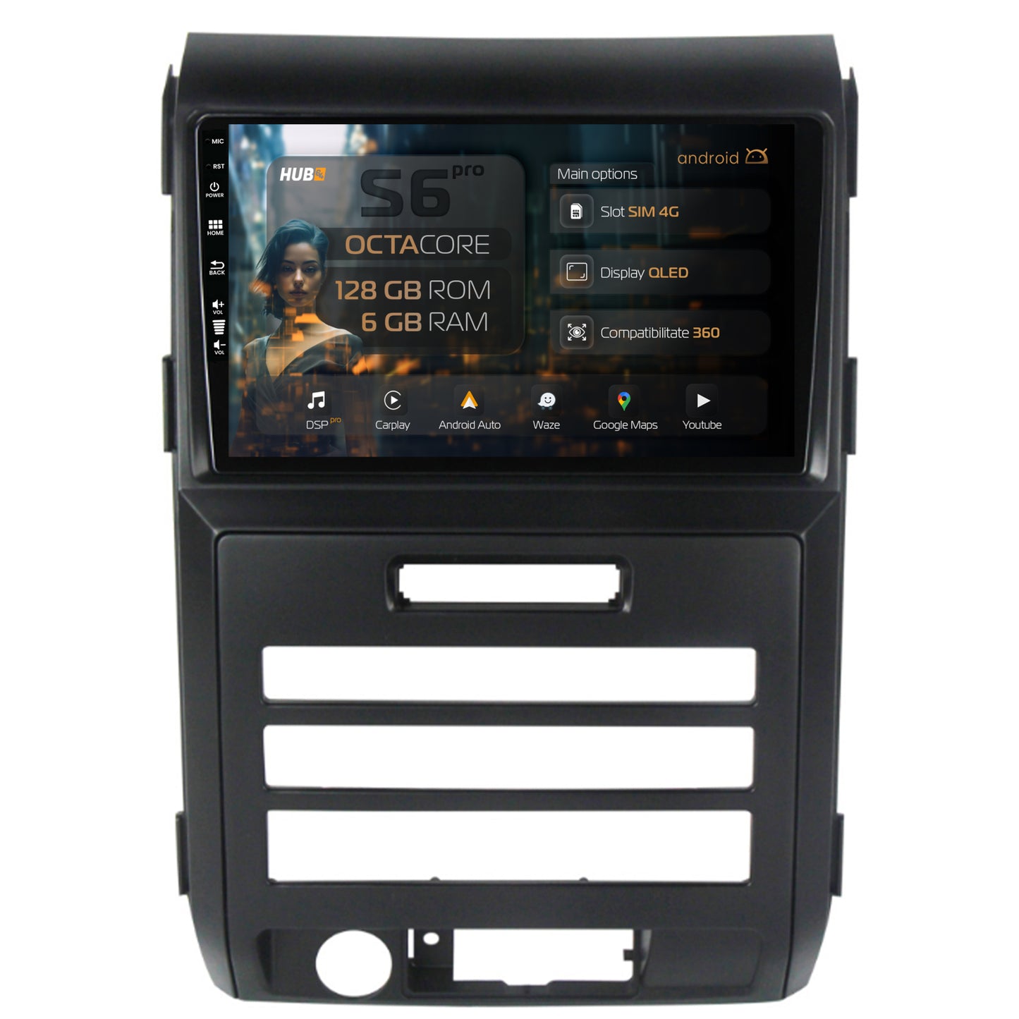 Navigatie HUB64 Ford F150 (2008-2014), 6GB RAM, Android, Octacore, Slot Sim 4G, DSP, GPS, Wi-FI, Carplay, Android Auto, USB, Bluetooth, Waze, Touchscreen, 9 Inch