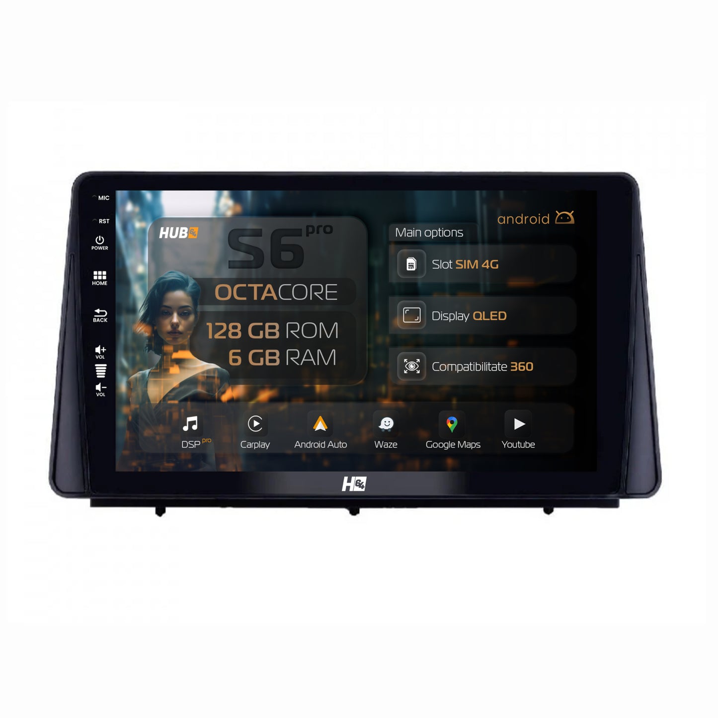 Navigatie HUB64 Ford Focus MK4 (2019+), 6GB RAM, Android, Octacore, Slot Sim 4G, DSP, GPS, Wi-FI, Carplay, Android Auto, USB, Bluetooth, Waze, Touchscreen, 10.1 Inch
