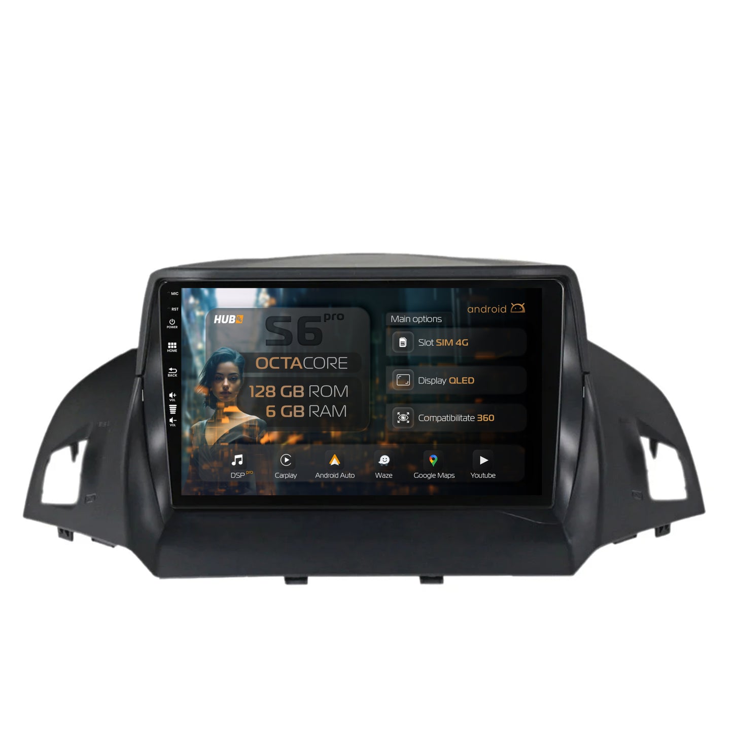 Navigatie HUB64 Ford Kuga / C-Max (2013-2018), 6GB RAM, Android, Octacore, Slot Sim 4G, DSP, GPS, Wi-FI, Carplay, Android Auto, USB, Bluetooth, Waze, Touchscreen, 9 Inch